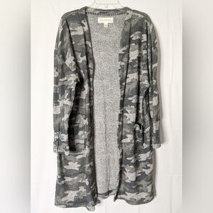 French Laundry Women's Long Duster Cardigan Knit Gray Camo Open Front Size Large